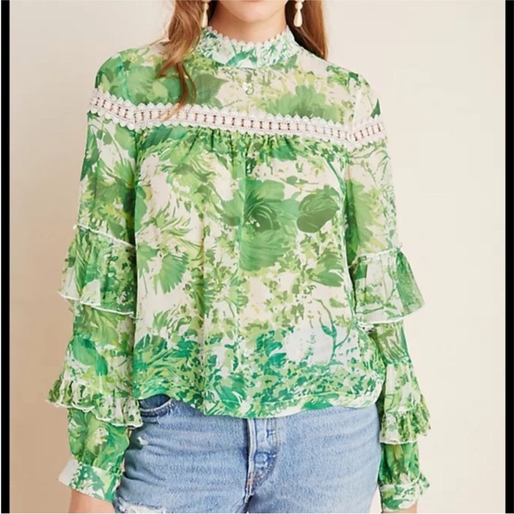 Anthropologie Hope For Flowers Tracy Reese Green Floral Ruffle Sheer Angelina 4 - Picture 1 of 12
